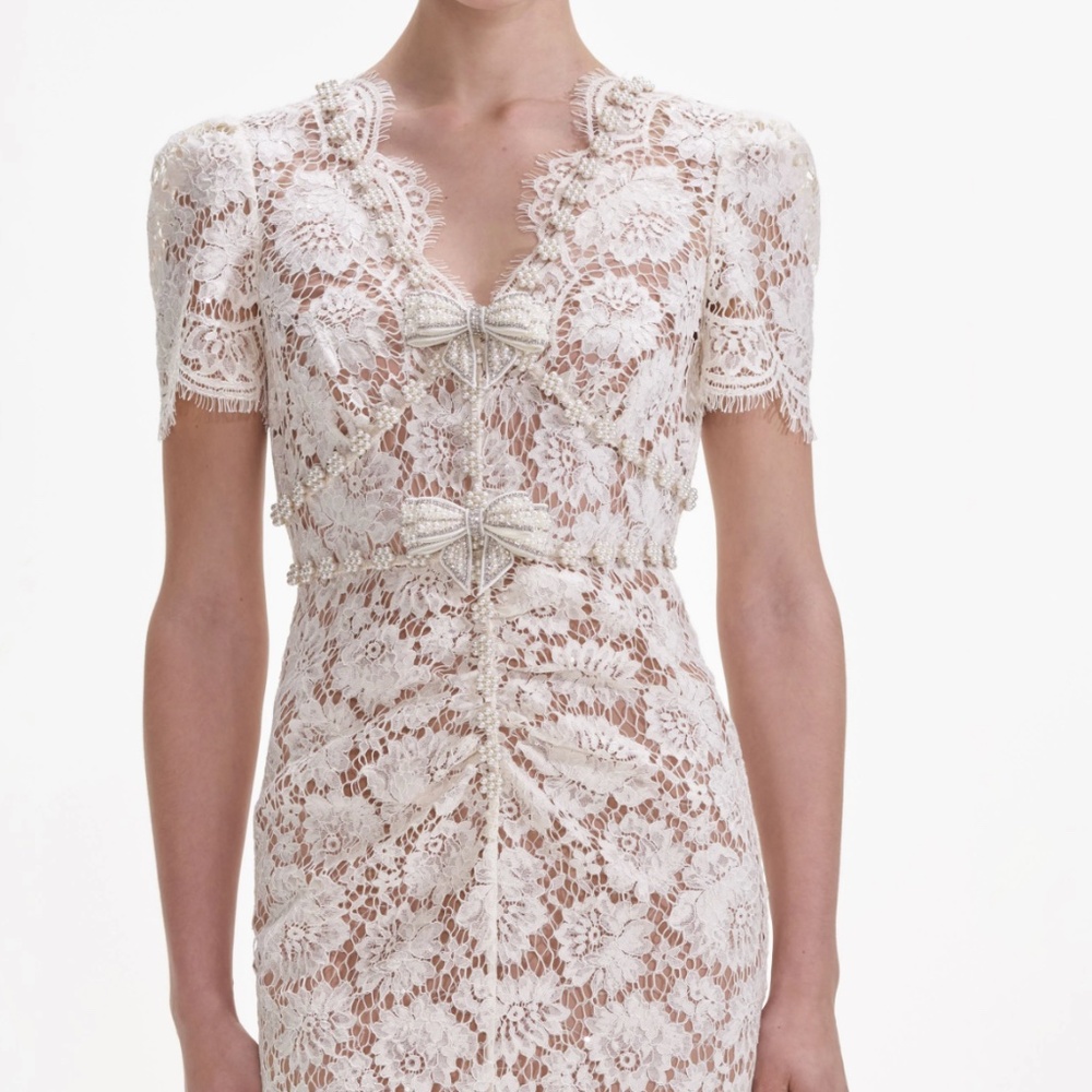 self-portrait Cream Fine Lace Pearl Midi Dress - Size US4 - MSRP $615 - NWT - Picture 4 of 8